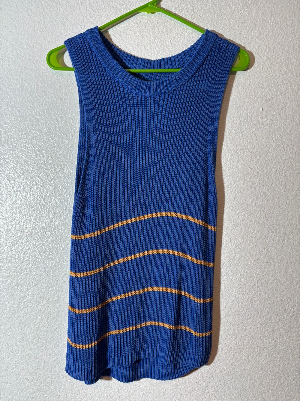 Blue Striped Knit Women's Size L Scoop Neck Slinky Heavy Drape Tank Sweater